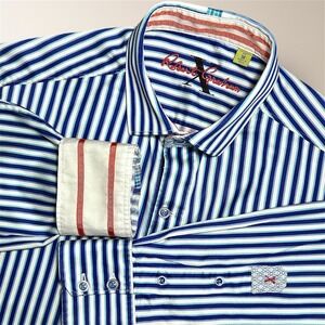 Robert Graham X Men's M Tailored Fit Blue Stripe Cotton Flip Cuff Long Sleeve